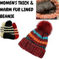 Womens Thick Knit Beanie Winter Fleece Lined Hat Warm Faux Fur Pom Striped Ski thumbnail