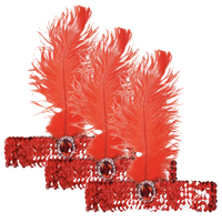 3x 1920s FLAPPER HEADBAND Headpiece Feather Sequin Charleston Costume Gatsby - Red thumbnail