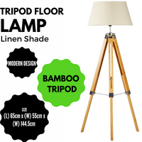 LARGE TRIPOD FLOOR LAMP Linen Shade Modern Light Bamboo Vintage Wooden Retro thumbnail