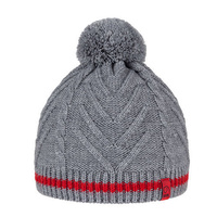 BRBL Merino Wool Blend Pull On BEANIE Hat Knitted Pom Pom - Grey/Red - S thumbnail