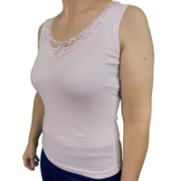 Ladies Sleeveless Singlet Top Womens Summer Basic Tank Shirt Lace Motif Front - Pink - 12-14 thumbnail