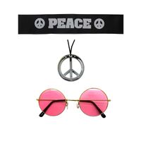 Hippie Kit Set Headband Glasses Pendant Peace Sign Necklace 60s 70s Costume thumbnail