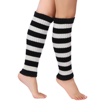 Pair of Womens Leg Warmers Disco Winter Knit Dance Party Crochet Legging Socks Costume - Black/White Stripe thumbnail