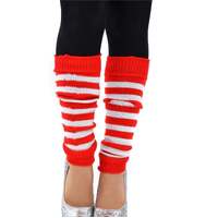 Pair of Womens Leg Warmers Disco Winter Knit Dance Party Crochet Legging Socks Costume - Red/White Stripe thumbnail