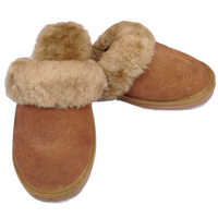 100% Sheepskin Moccasin Slippers Winter Genuine Scuffs Slip On Mens Womens - Chestnut (with fur) - 9 thumbnail