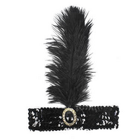 WIDE FLAPPER HEADBAND Feather Sequin Costume Gatsby Charleston Headpiece 1920s - Black thumbnail