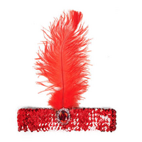 WIDE FLAPPER HEADBAND Feather Sequin Costume Gatsby Charleston Headpiece 1920s - Red thumbnail