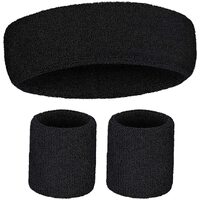 WRISTBAND & HEADBAND SET Tennis Terry Towelling Cotton Sweat Band Team Gym  - Black thumbnail