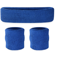 WRISTBAND & HEADBAND SET Tennis Terry Towelling Cotton Sweat Band Team Gym  - Blue thumbnail