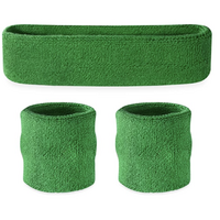 WRISTBAND & HEADBAND SET Tennis Terry Towelling Cotton Sweat Band Team Gym  - Green thumbnail