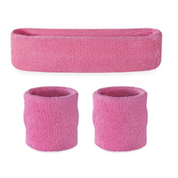 WRISTBAND & HEADBAND SET Tennis Terry Towelling Cotton Sweat Band Team Gym  - Light Pink thumbnail