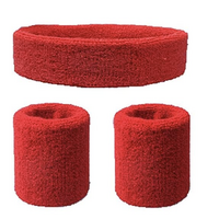 WRISTBAND & HEADBAND SET Tennis Terry Towelling Cotton Sweat Band Team Gym  - Red thumbnail
