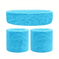 WRISTBAND & HEADBAND SET Tennis Terry Towelling Cotton Sweat Band Team Gym  - Sky Blue thumbnail