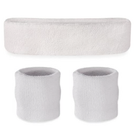 WRISTBAND & HEADBAND SET Tennis Terry Towelling Cotton Sweat Band Team Gym  - White thumbnail