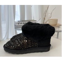 Womens Australian Sheepskin Wool Fur Mini UGG Ankle Boots in Gold Black - 4 thumbnail