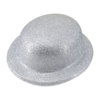 GLITTER BOWLER HAT Fancy Party Plastic Costume Cap Fun Dress Up Sparkle - White/Silver thumbnail