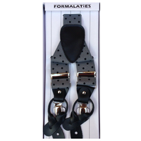 Mens Premium Convertible Suspenders Braces Clip On Elastic Y-Back Traditional Leather Tab - Polka Grey/Black thumbnail