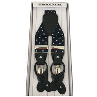Mens Premium Convertible Suspenders Braces Clip On Elastic Y-Back Traditional Leather Tab - Polka Navy/White thumbnail