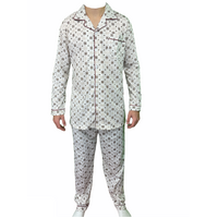 Mens Cotton Pajamas Pyjamas PJs Long Sleeve Shirt Tops + Pants Set Sleepwear - White/Brown - XL thumbnail