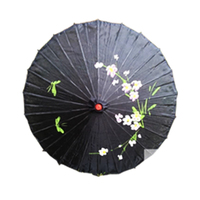 PARASOL UMBRELLA Chinese Japanese Bamboo Flower Pattern Fabric 80cm Diameter - Black thumbnail