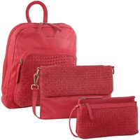 3PC Set Pierre Cardin Womens Woven Leather Cross-Body Bags + Backpack - Red thumbnail