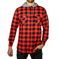 Mens Cotton Flannelette Shirt w Jersey Hood Long Sleeve Flannel - Red/Black - S thumbnail