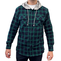 Mens Cotton Flannelette Shirt w Jersey Hood Long Sleeve Flannel - Green - L thumbnail