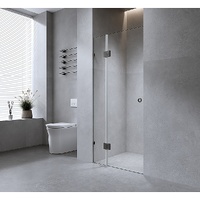 100cm Wall to Wall Frameless Shower Screen with White Brackets and Brass Hinges, Round Handle thumbnail