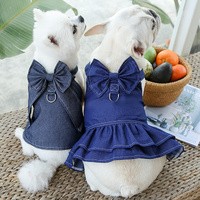 Pet Denim Harness Dress Set (2 Pieces) - M Size (42cm Chest for 5-8 lb Pets) with T-Shirt and Skirt, Bow,and Leash Ring thumbnail
