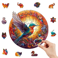 Round Hummingbird Wooden Puzzle - Vibrant Floral Design (M-paper box-H159) thumbnail