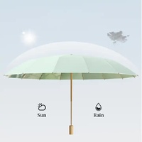 Traditional Chinese Style Folding Umbrella - Green Floral Design with 16-Rib Structure thumbnail