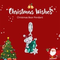 Sterling Silver Santa Bear Pendant - Holiday Pendant with Green Christmas Tree and Santa Hat Design(weighs approximately 2.8g) thumbnail