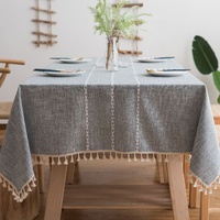 160*100cm Beige Striped Cotton Linen Embroidered Tassel Tablecloth - European & American Pastoral Style for Restaurants thumbnail