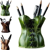 Brown Leather Corset Pencil Holder - Handmade Vintage Desktop Organizer thumbnail