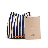 Black Stripes Canvas Bucket Tote Bag with Leather Handle thumbnail