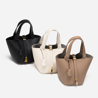 Beige Elegant Women's Leather Tote Handbag with Gold Lock Detail thumbnail