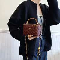 Wine Red Luxury Quilted Mini Box Handbag with Chain Strap and Metal Handle - Elegant Evening Purse thumbnail