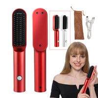 Red Wireless 2-in-1 Ceramic Hair Straightener & Curler - Portable Travel Hot Comb, Rechargeable Hair Styling Tool thumbnail