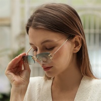 Light Green Stylish Frameless Diamond-Cut Sunglasses with Metallic Temples - Trendy Line-Design Fashion Eyewear thumbnail