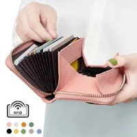 Pink Genuine Leather Women’s Wallet – Short Accordion Card Holder with RFID Protection, Zippered Coin Purse in Cowhide Leather, Japanese Style thumbnail