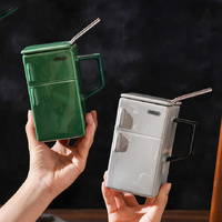 Grey Creative Retro Refrigerator Ceramic Mug with Lid and Straw - 550ml Coffee Cup - Unique Gift for Couples or Office Use thumbnail