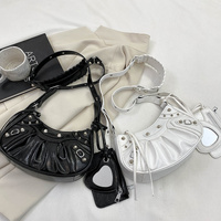 White Vintage Rivet Crescent Moon Bag with Card Holder & Mirror, French Retro PU Leather Shoulder & Crossbody Motorcycle Bag for Women thumbnail