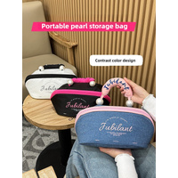 Black Patchwork Pink Portable Waterproof Color Block Makeup Bag with Pearl Handle, Large Capacity Cosmetic Storage Organizer for Travel and Daily Use thumbnail