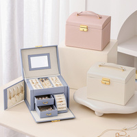 Light Blue Luxury PU Leather Jewelry Storage Box - 3-Tier Organizer with Mirror for Necklaces, Earrings, and Rings(Jewelry is a photo prop and is not  thumbnail