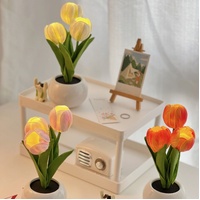 Blue Flowers USB Tulip Night Light - Bedroom Decor Table Lamp with PU Flowers & Ceramic Pot, Perfect Gift for Family & Friends thumbnail