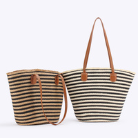 Black And Brown Stripes Handmade Large Capacity Striped Beach Tote Bag with Zipper and Inner Pocket - Summer Vacation Woven Shoulder Bag for Women thumbnail