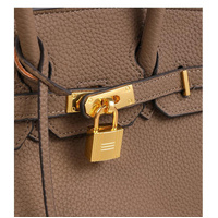 Khaki Elegant PU Leather Handbag with Lock Decoration - Structured Tote Bag for Women thumbnail