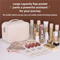 Brown Portable PU Leather Makeup Bag with Detachable Divider - Travel Cosmetic Organizer thumbnail