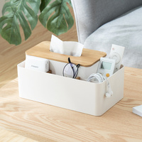 White Multifunctional Tissue Box Organizer - Bamboo Lid with Dividers for Desktop Storage thumbnail