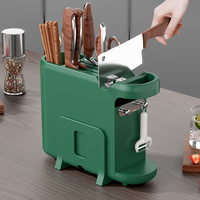 Green Multifunctional Kitchen Knife Rack - Storage Organizer with Built-in Knife Sharpener, for Knives, Chopsticks, Cutting Boards, and Pot Lids thumbnail